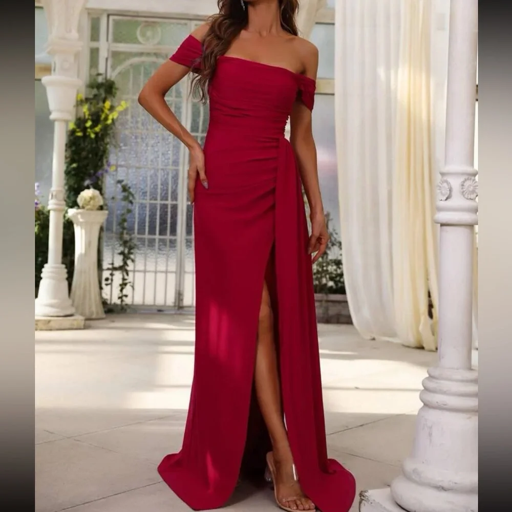 Luxe off shoulder draped hem slit thigh party formal prom wedding gown dress - Picture 8 of 16